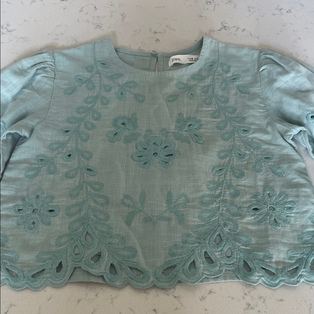 Zara Light Blue Embroidered Blouse, girl size 9.